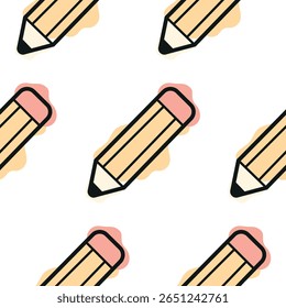 pattern with a stationery icon, namely a yellow pencil, combining line art style and abstract color spots, for school printing, textiles or other various designs