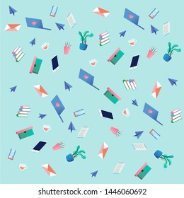 Pattern of stationery items on the coloured pastel background