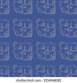 Pattern steampunk with pipes, gears and other mechanical elements. Blue background. Vector illustration