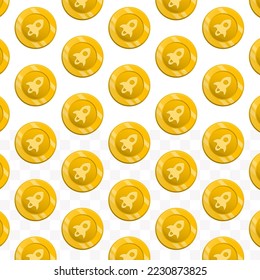 Pattern of Stellar Lumens coins on transparent background with mini doodle (icons) and gold color. Vector Illustration