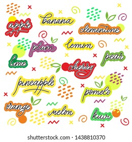 Pattern. Stickers. Fruit set of the names of the letters. Isolated objects on white background. Logo or design element. Vector illustration.