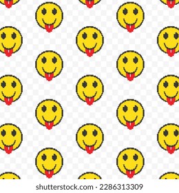 Pattern of sticking her tongue out emoticons in transparent background. 8-bit pixel art backdrop. Vector illustration. Vector Illustration