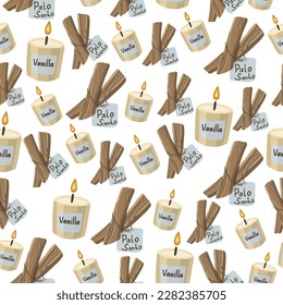 Pattern with sticks of palo santo with a candle with the text vanilla