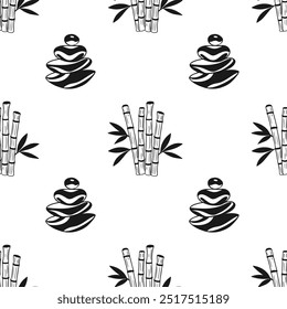 Pattern of stones and bamboo, harmonious pyramidal pile and bamboo sticks, stylized pattern. Wellness and spa salon. White and black, Yin and Yang. Balancing Zen Stones. Vector illustration