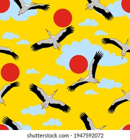 Pattern of storks. Birds fly in the sky. Vector illustration for web pages, websites, backgrounds, print.