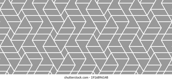 Pattern with straight white stripes and geometric shapes on grey background. Seamless abstract monochrome linear texture. Vector hexagonal background. Linear graphic design for print.