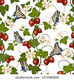 Pattern with strawberries and butterflies.Vector pattern with strawberries and butterflies on a white background.