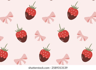 Pattern with strawberries in chocolate. Cute vector background with strawberries. Delicate print with dessert is suitable for printing on paper, packaging, wallpaper and fabric.