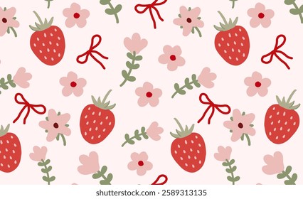Pattern with strawberries and flowers. Cute seamless background for printing on surfaces, wallpaper, paper, gift wrap and fabric. Vector print with red berries on a pink background.