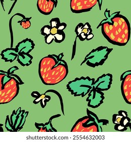 Pattern with strawberries, flowers and leaves. Hand draw, vector, isolated with with texture and nice bright colors.