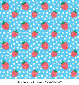 Pattern of strawberries, strawberries and flowers on a blue background, vector image