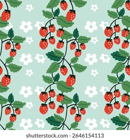 A pattern of strawberries and flowers. The strawberries are red and green. The flowers are white. The pattern is repeated