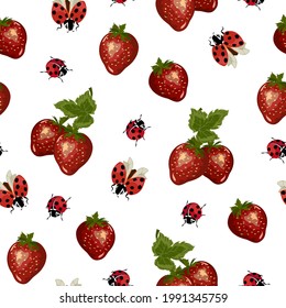 Pattern with strawberries and ladybirds.Ladybugs and ripe strawberries on a white background in a vector pattern.
