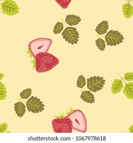 Pattern with strawberries and leaves. Summer berry pattern. Berry background. Strawberry background.