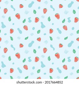 Pattern with strawberries, leaves and water. Suitable for background, website, wallpaper, on fabric, wrapping paper or other printed products. Doodle like a flamaster drawing. Vector illustration.