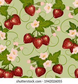 Pattern with strawberries and leaves.Ripe strawberries with leaves and flowers in a vector pattern on a colored background.