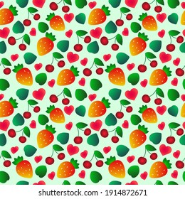 pattern strawberry and cherry on light green background