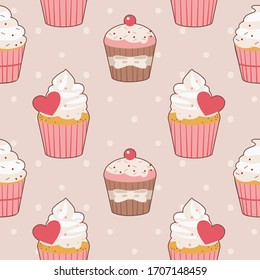 The pattern of strawberry cupcake with cherry and heart with the ribbon. The illustation of doodle cute cupcake in flat vector style.