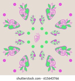 pattern of strawberry, leaves, spirals. Hand drawn.