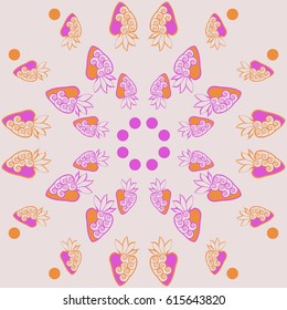 pattern of strawberry, leaves, spirals. Hand drawn.