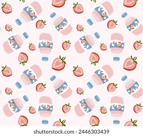 Pattern with strawberry milk and strawberries. Vector seamless pattern in pastel colors