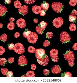 pattern strawberry with raspberry soars on black background