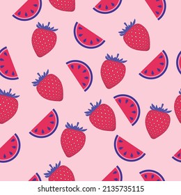 pattern with strawberry and watermelon slice. fruity seamless pattern. vector illustration, eps 10.