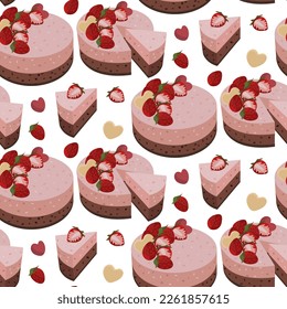 Pattern in the strawberry-chocolate cake theme: a piece of cake, strawberry-chocolate desserts, strawberry decoration, a group of strawberries. Background for printing on textiles and paper. Repeated