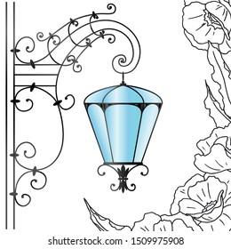 pattern of street lamp in retro style, background with black and white flowers