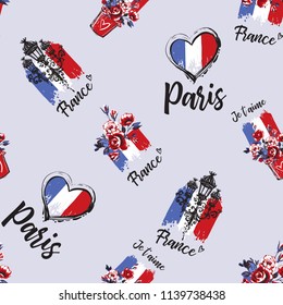 Pattern with Street lantern, Paris sign and heart shape flag of France, I love you text in French. Hand drawn graphic illustration. Vector watercolor style vintage seamless background.