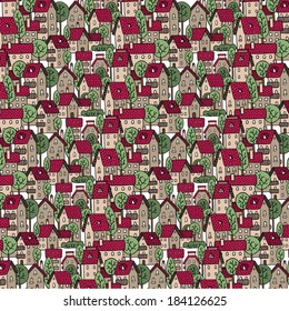 Pattern with streets and houses with trees and roofs