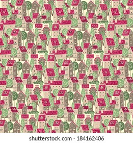 Pattern with streets and houses with trees and roofs