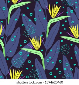 Pattern with strelitzia in flat style. Botanical illustration with hand drawn plant elements, jungle floral foliage for textile, wallpaper, wrapping