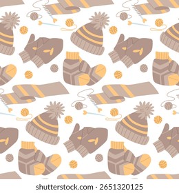 Padrão de acessórios de inverno de malha marrom listrado. Mittens, um chapéu com pompom e um lenço de malha inacabado. Textura de cor plana sem emenda. Adequado para blogs, artigos, cartões postais e artesanato