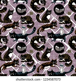 pattern with striped cats playing toys, books, a ball of thread, seamless vector pattern on a geometric background