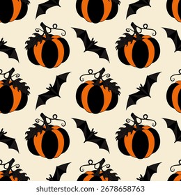 Pattern with striped Halloween pumpkins in orange and dark grey and bat silhouettes. On beige background. Vector illustration