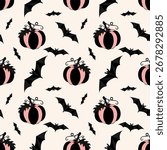 Pattern with striped Halloween pumpkins in pink and dark grey and bat silhouettes. On creamy beige background. Vector illustration