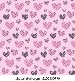 Pattern with striped hearts and circles. For valentines day, birthdays, gifts. Vector illustration on a pink background. For use in covers, prints, textiles, packaging, baby products and souvenir