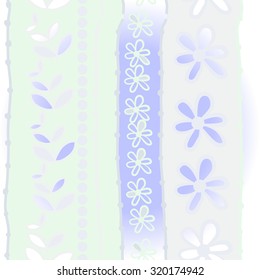 Pattern of  striped motif,   branches, leaves, ellipses, flowers,stripes, doodles. Hand drawn.