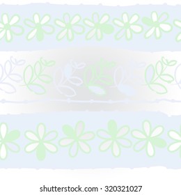 Pattern of  striped motif,   branches, leaves, ellipses, flowers,stripes, doodles. Hand drawn.