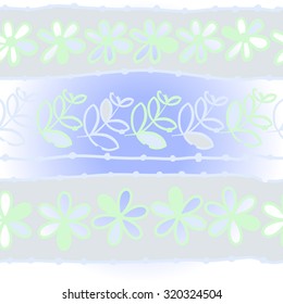 Pattern of  striped motif,   branches, leaves, ellipses, flowers,stripes, doodles. Hand drawn.