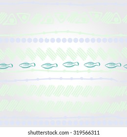 Pattern of striped motif, ellipses, stripes, fishes, doodles. Hand drawn.