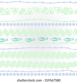 Pattern of striped motif, ellipses, stripes, fishes, doodles. Hand drawn.