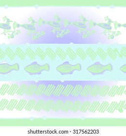 Pattern of striped motif, ellipses, stripes,birds, fishes, doodles. Hand drawn.