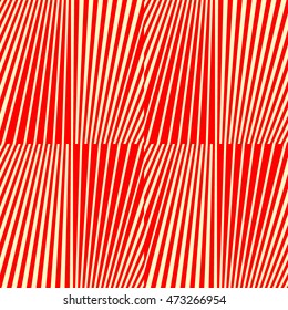 Pattern with striped ornament. Red lines on yellow background. Op art style wallpaper. Vector abstract illustration