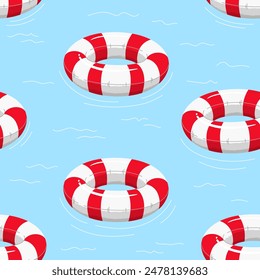 Pattern of striped rubber pool rings. Swim rings in flat style on blue background. Swimming in pool with rubber circles, summertime water activities. Rubber toy for water and beach vector illustration