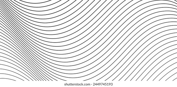 Pattern with striped swirl waves drawn in ink. Vector illustration of diagonal curved lines. Wallpaper with black wavy lines. Abstract geometric background with monochrome water surface texture