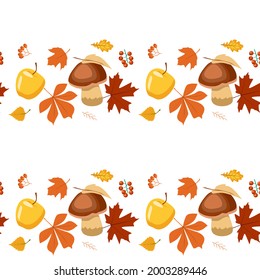 Muster von Streifen aus Herbstblättern, Beeren, Äpfeln und Pilzen auf weißem Hintergrund. Helle Vektorgrafik