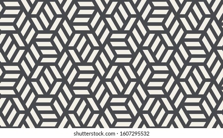 Pattern with with stripes, poligons and hexagonal elements. Trendy design with dark geometric shapes on light. Stylish seamless monochrome print, Repeating abstract background. Mosaic texture.