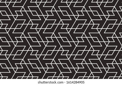Pattern with with stripes, poligons and hexagonal elements. Trendy design with monochrome geometric shapes. Stylish seamless print, Repeating abstract background. Mosaic texture, decorative lattice.